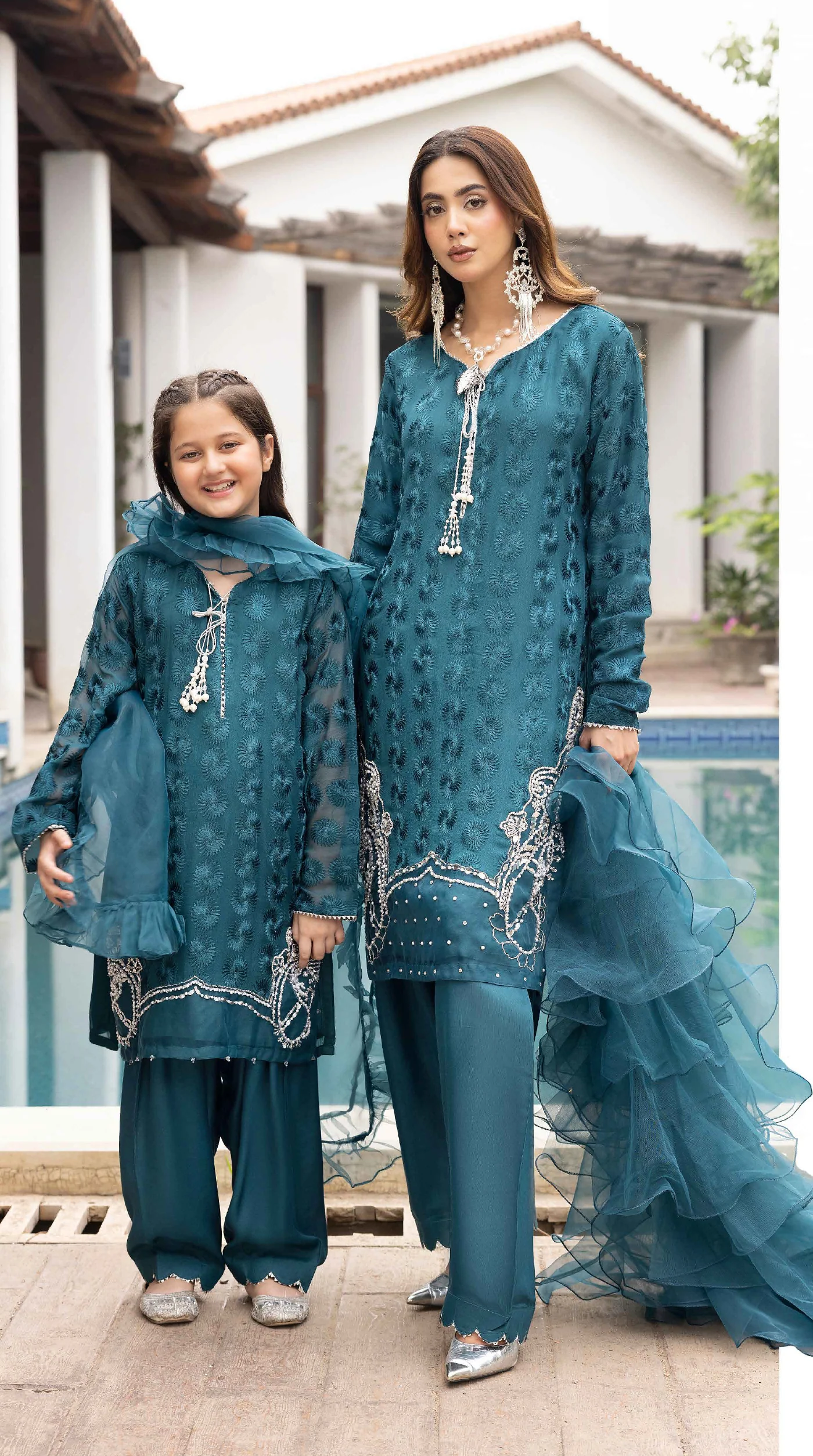 Teal Mini Mehr Chikankari Chiffon Farshi Salwar Set - Image 3