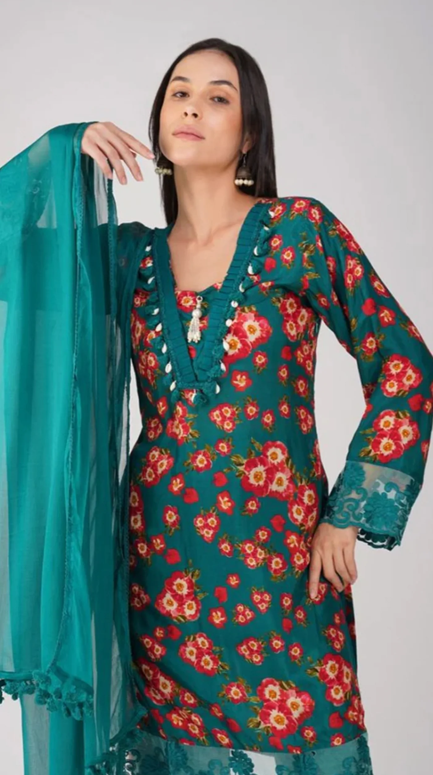 Teal Muslin Printed Suit Set - Image 3