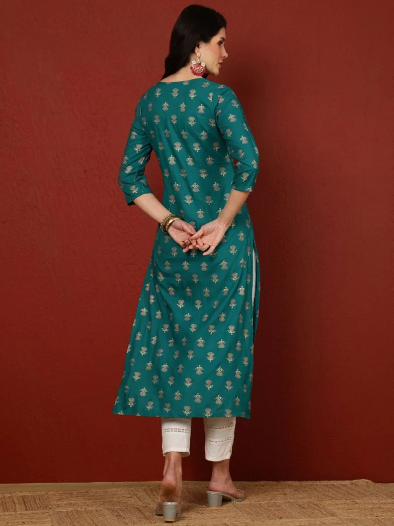 Teal Printed Embroidered Kurta - Image 3
