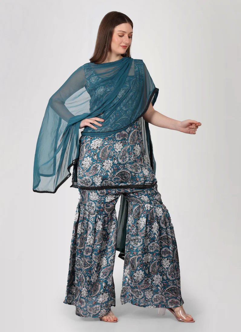 Teal Printed Gharara Suit Set - Image 2