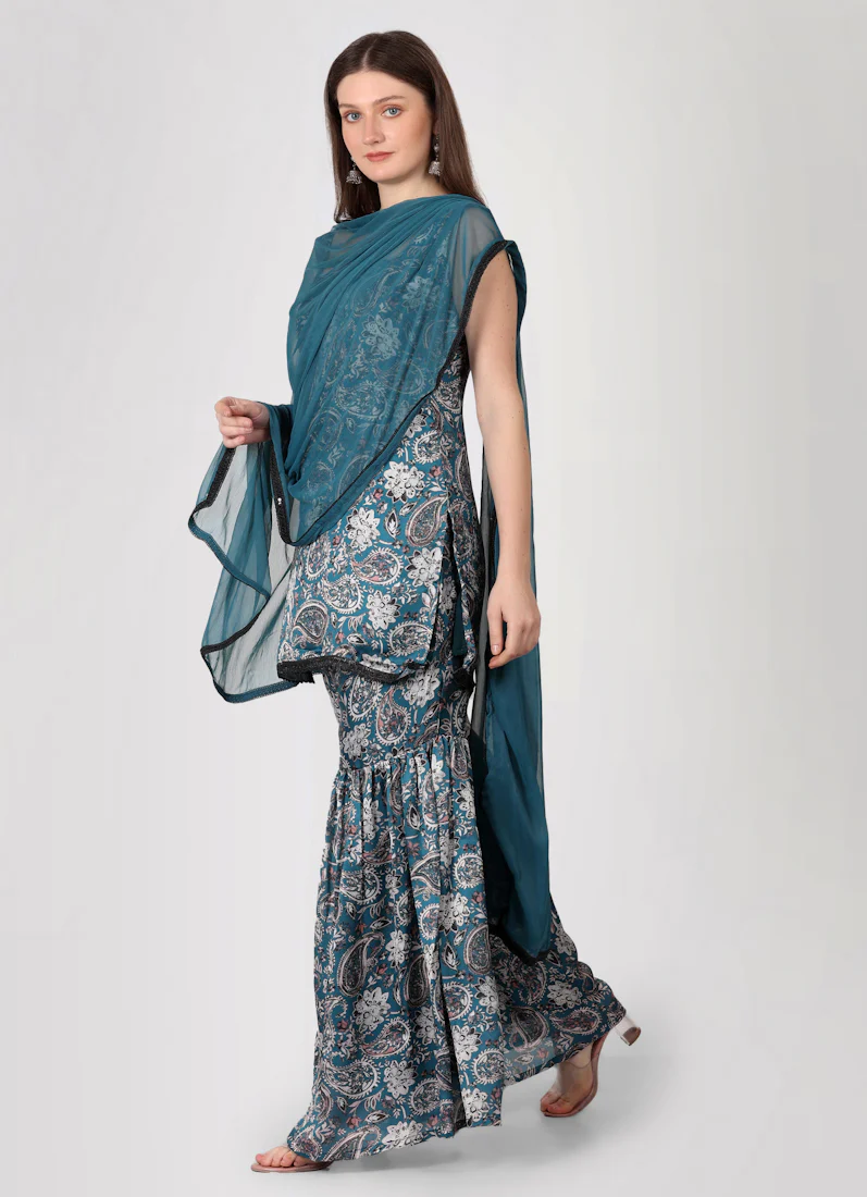 Teal Printed Gharara Suit Set - Image 3