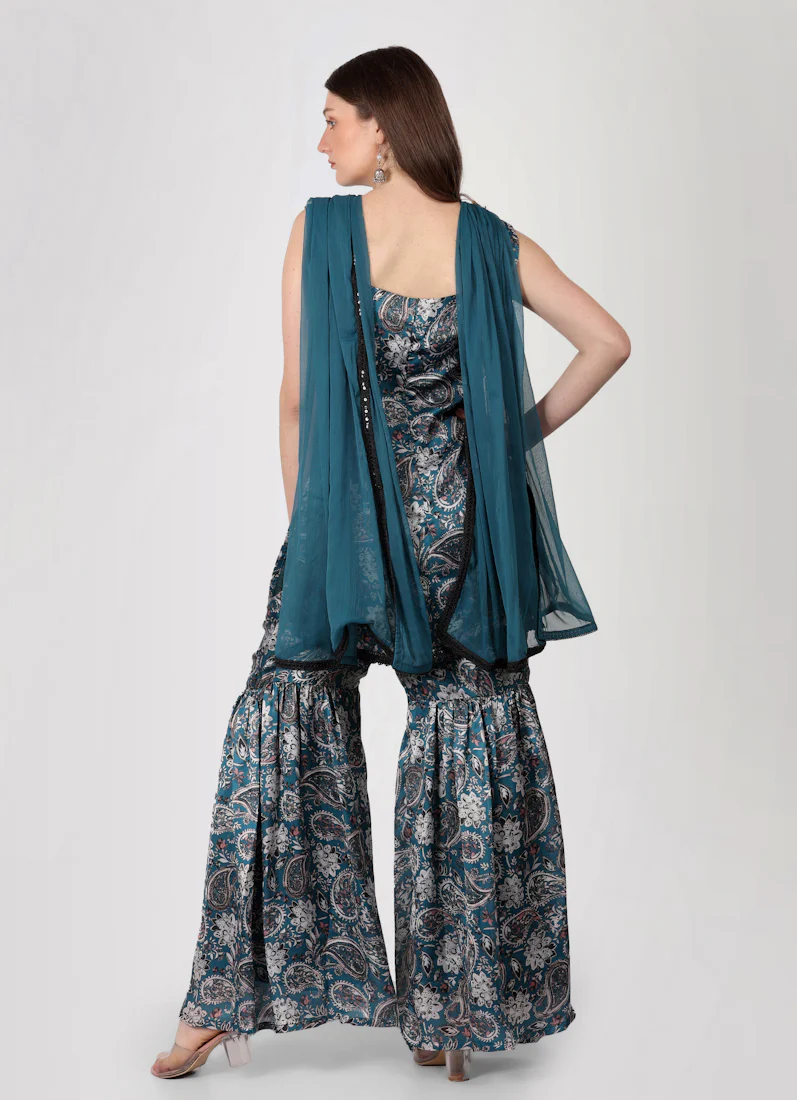 Teal Printed Gharara Suit Set - Image 4
