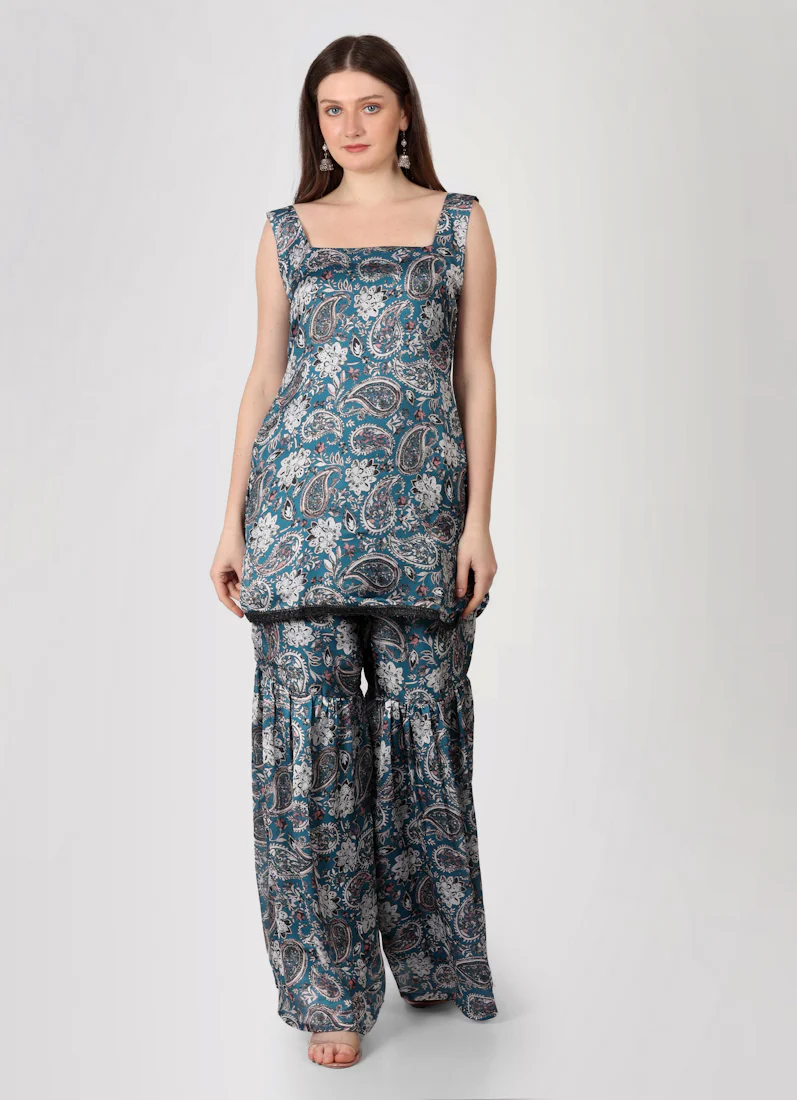 Teal Printed Gharara Suit Set - Image 5