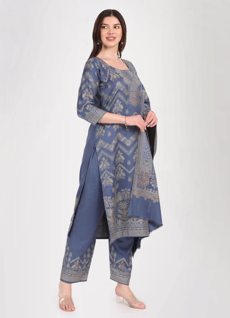 Teal Shawl Straight Cut Suit Set - Image 3