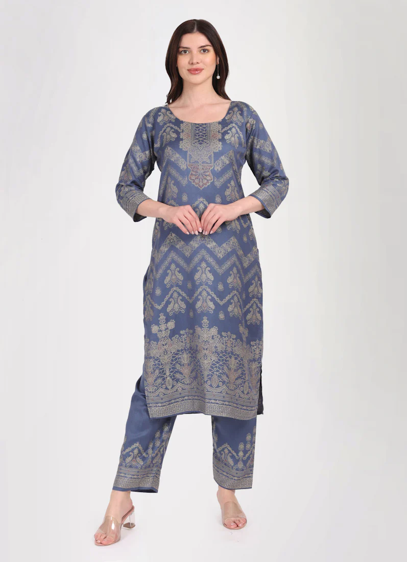 Teal Shawl Straight Cut Suit Set - Image 4