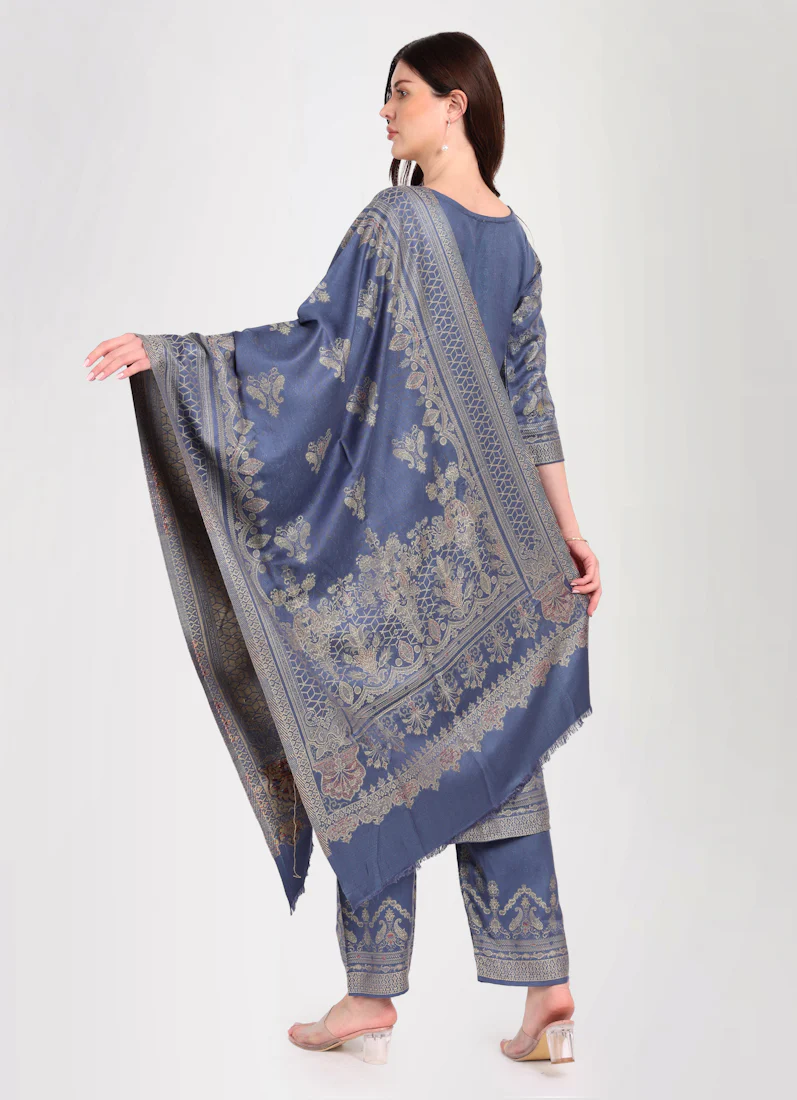 Teal Shawl Straight Cut Suit Set - Image 5