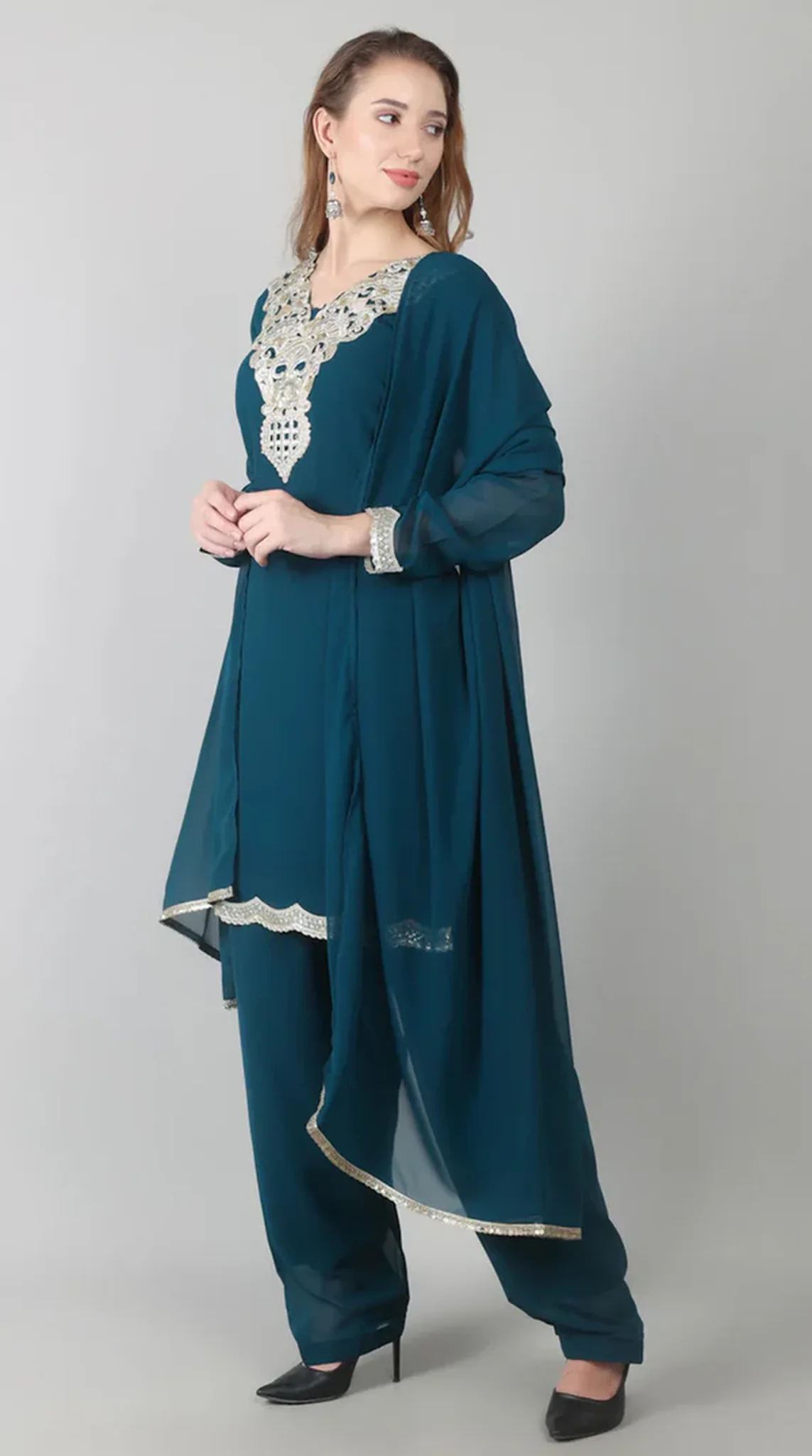 Teal Vichitra Georgette Shift Suit Set - Image 2