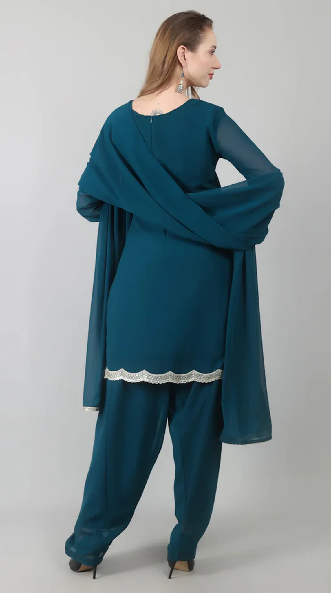 Teal Vichitra Georgette Shift Suit Set - Image 3