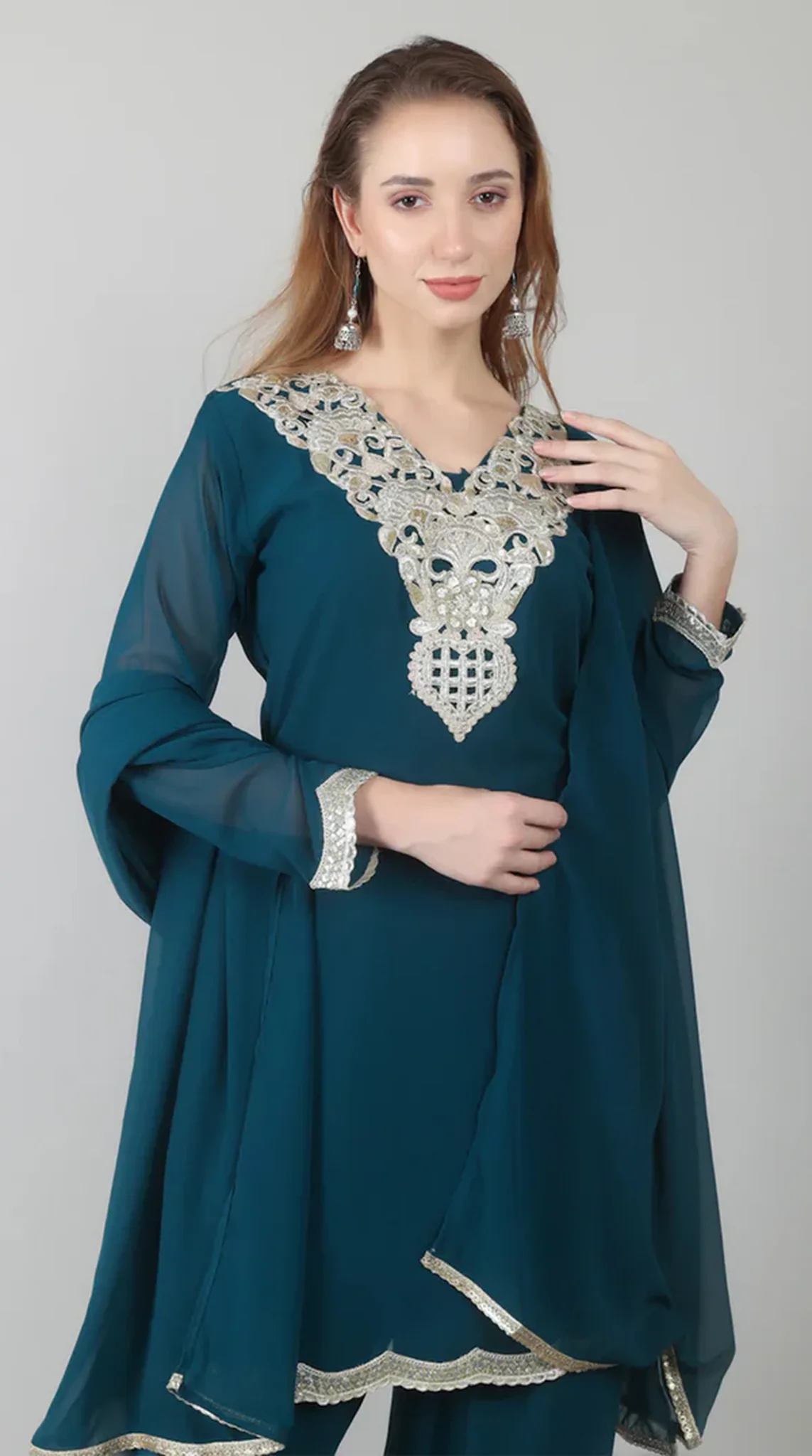 Teal Vichitra Georgette Shift Suit Set - Image 5