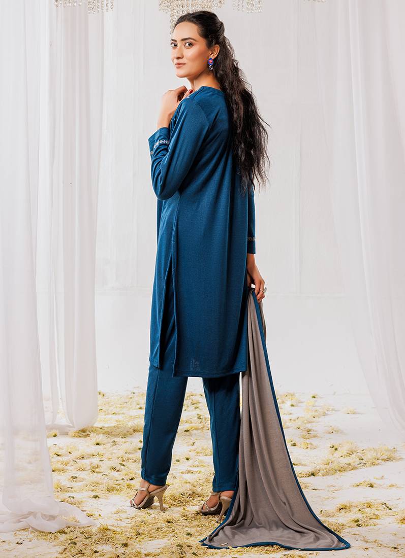 Teal Woollen Knitwear Suits with Dupatta - Image 3