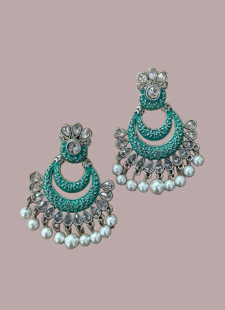 Traditional Menakari Earrings in Aqua Green - Image 3