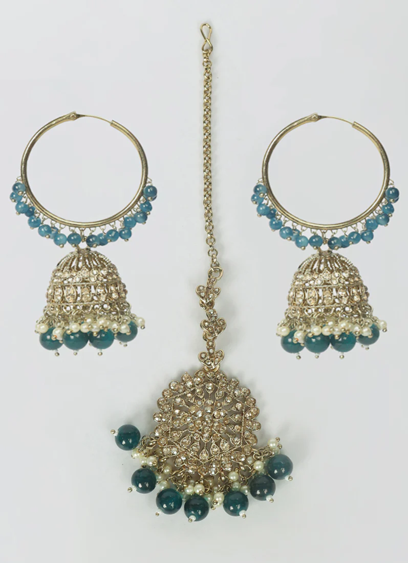 Traditional Blue Beaded Earrings and Tikka Set - Image 2