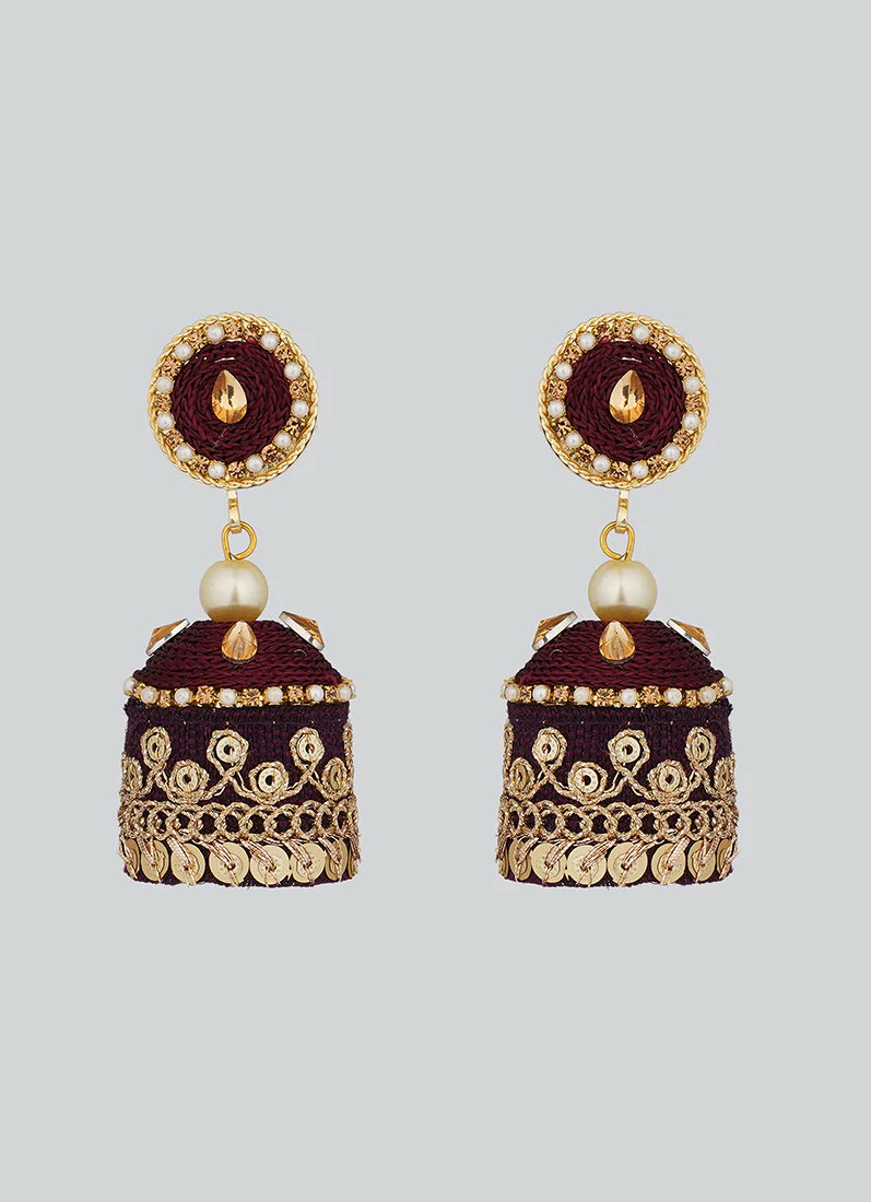 Traditional Gold & Maroon Jhumka Earrings for Women - Image 2