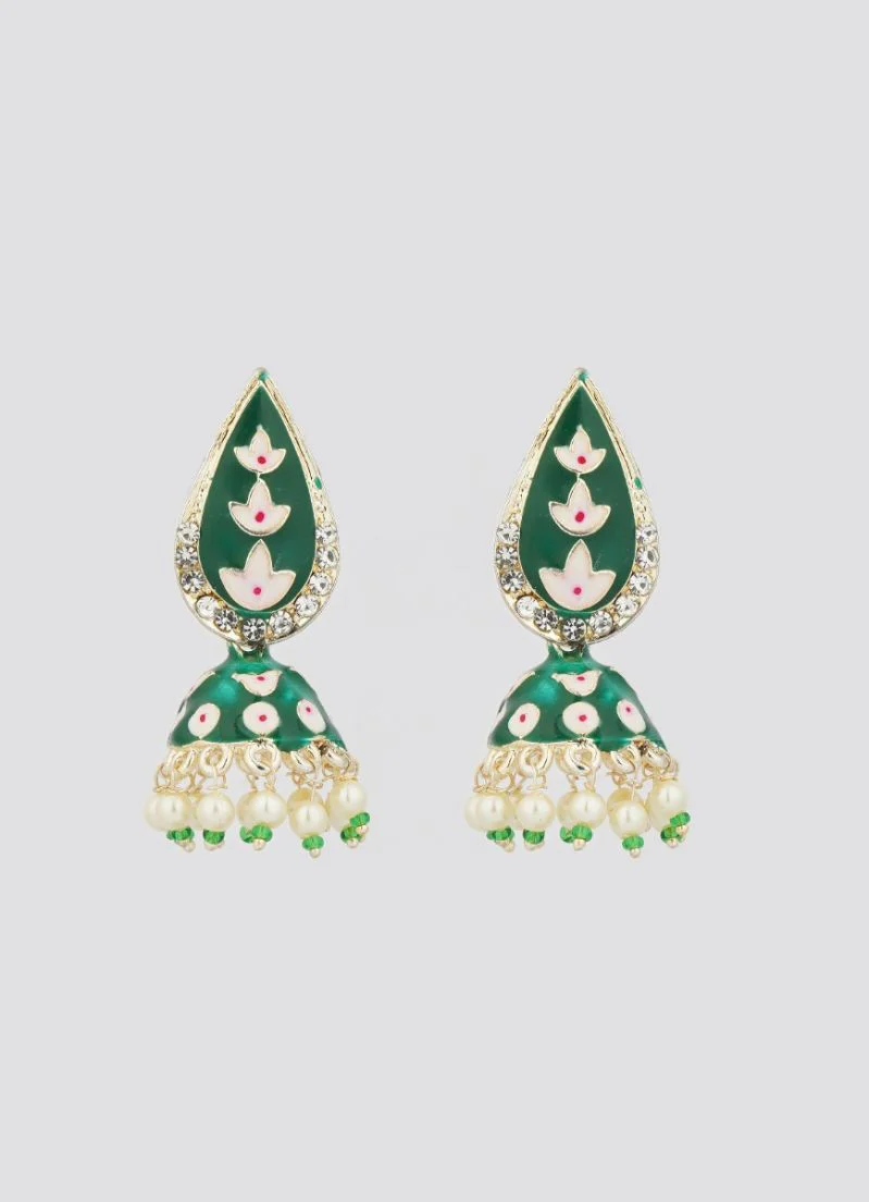 Traditional Green Enamel Jumki Earrings - Image 2