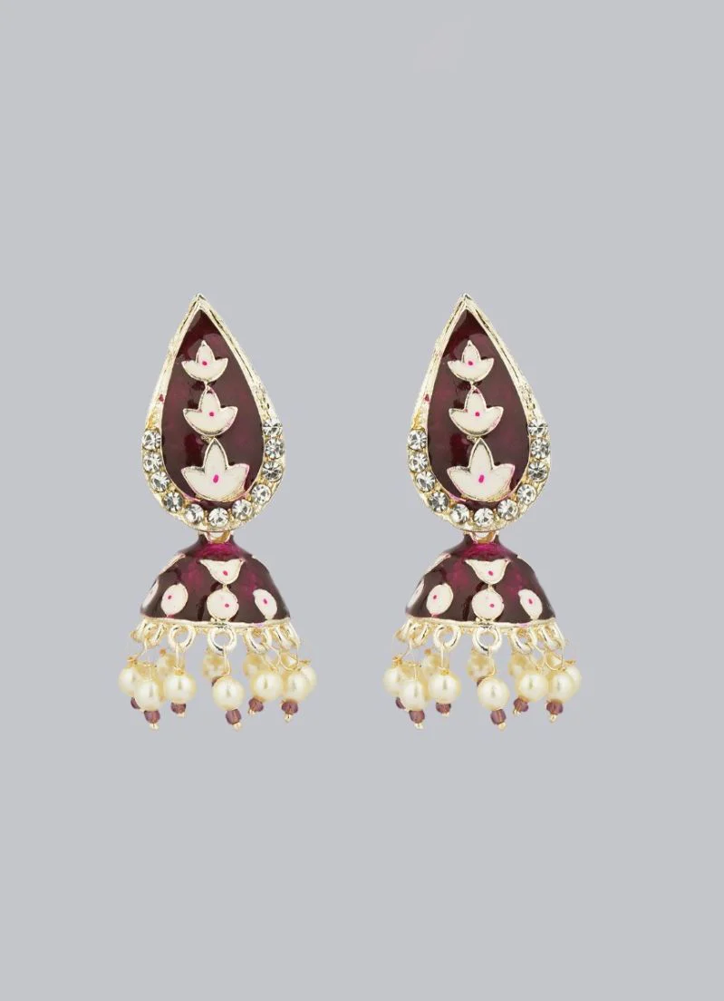 Traditional Maroon Enamel Jumki Earrings - Image 2