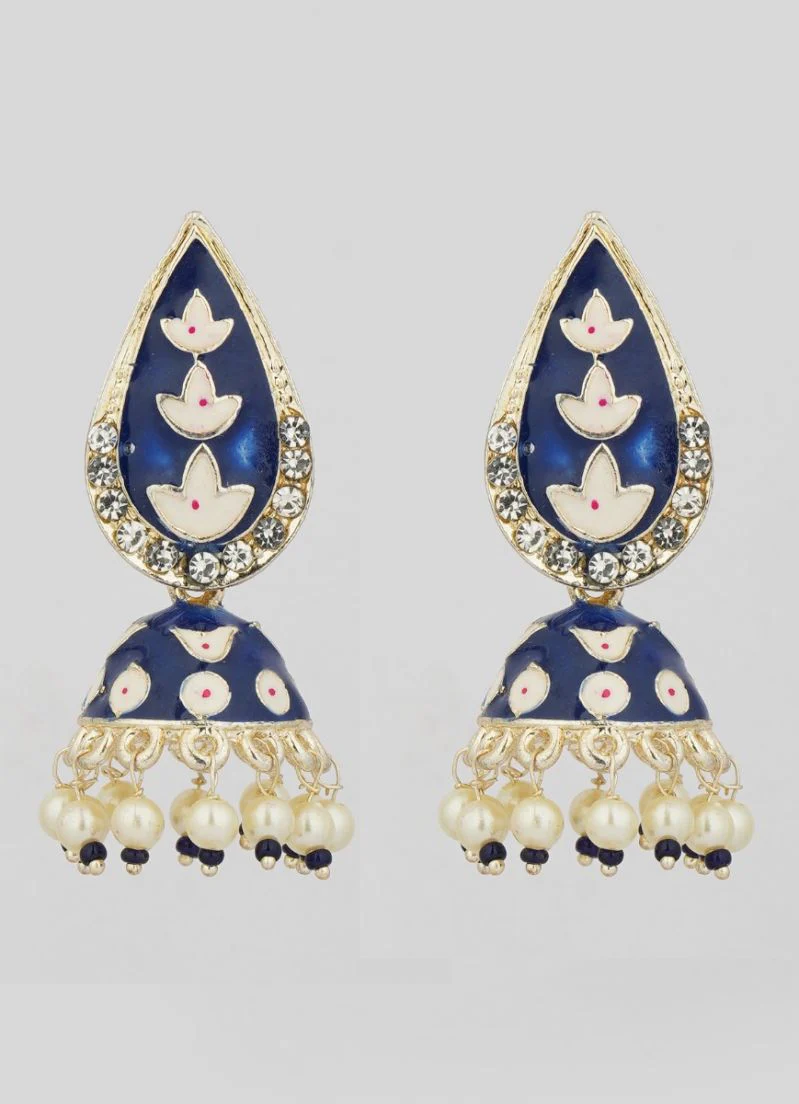 Traditional Navy Blue Enamel Jumki Earrings - Image 2