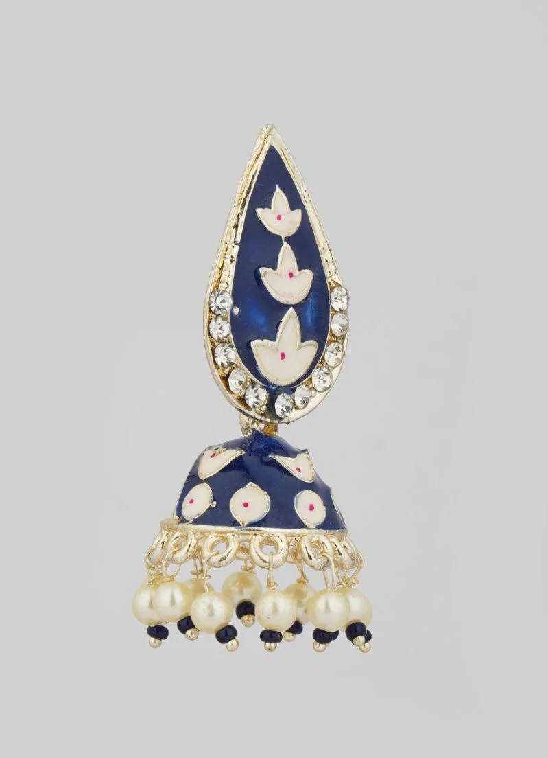 Traditional Navy Blue Enamel Jumki Earrings - Image 3