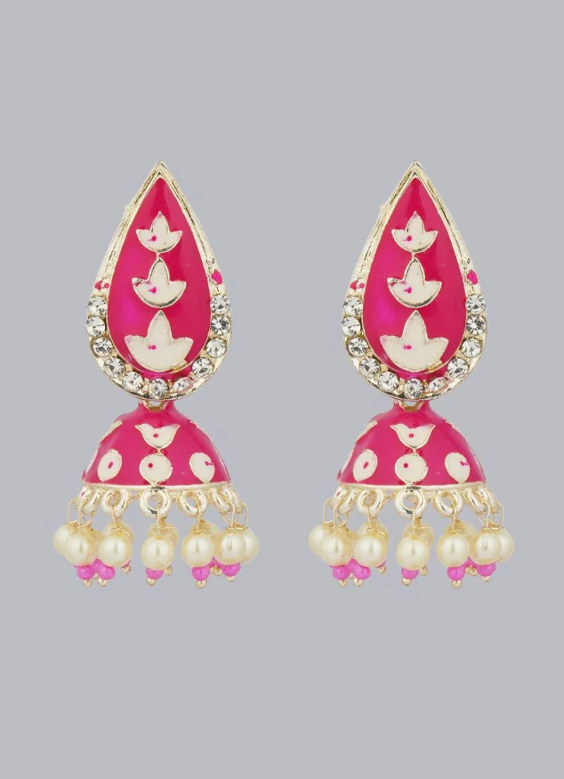 Traditional Rani Pink Enamel Jumki Earrings - Image 2