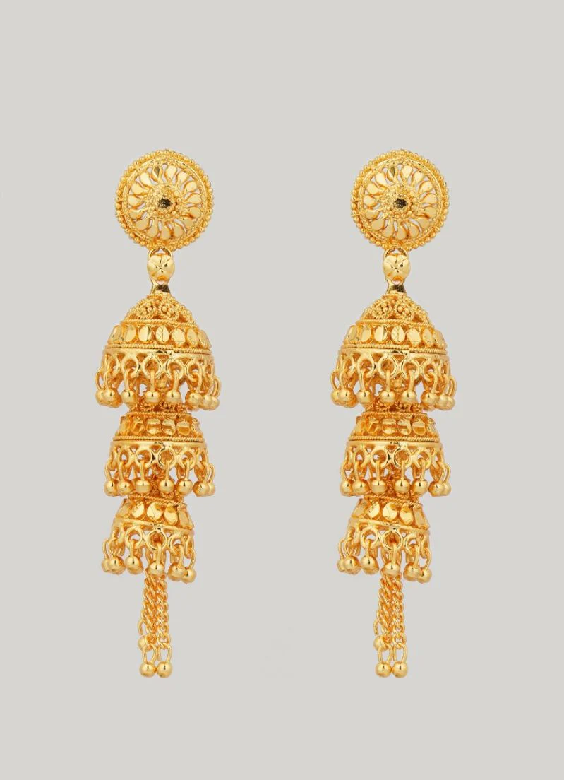 Traditional Three Tier Gold Jumki Earrings - Image 2