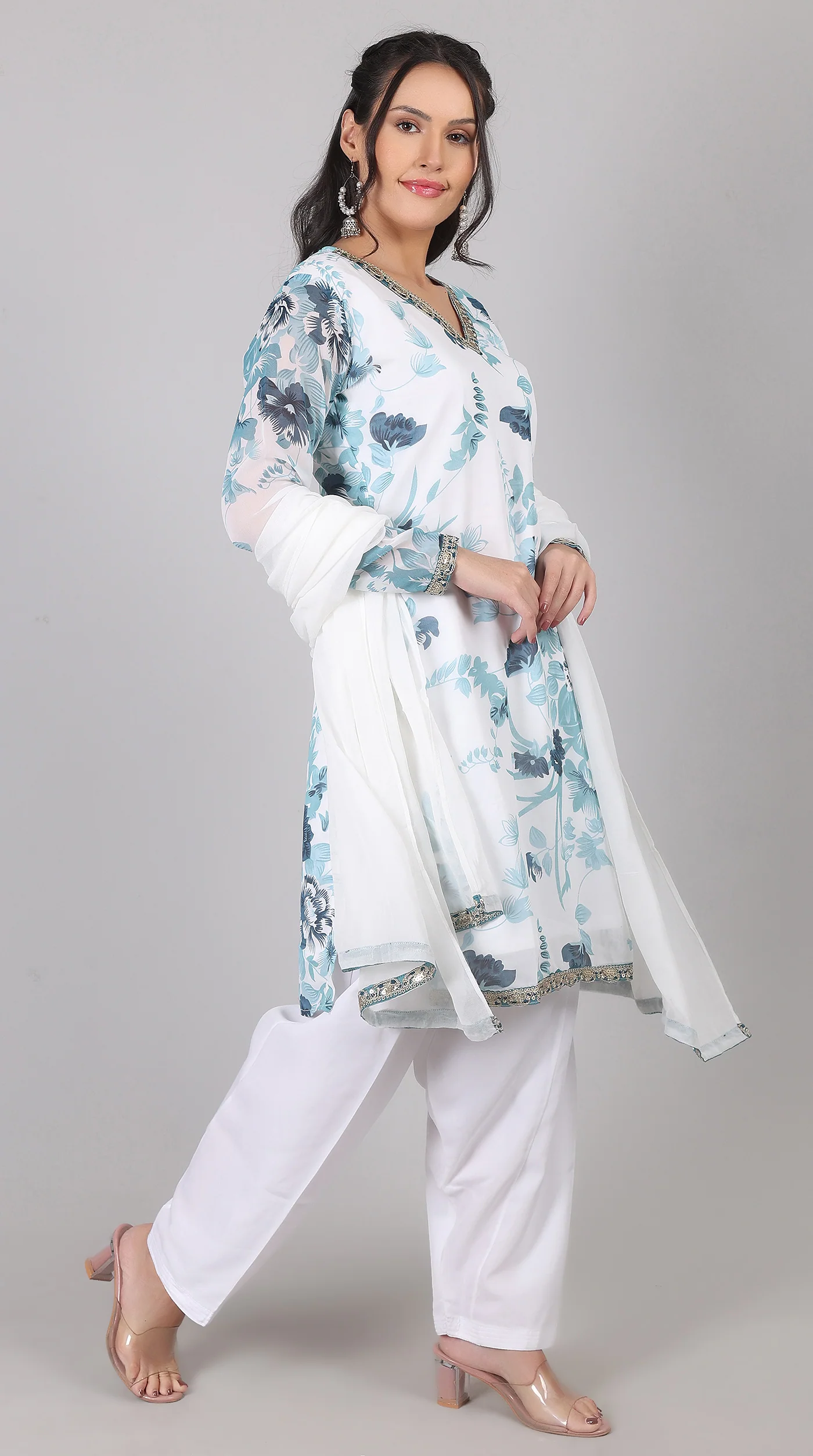 White & blue Georgette Embroidered Suit Set - Image 2