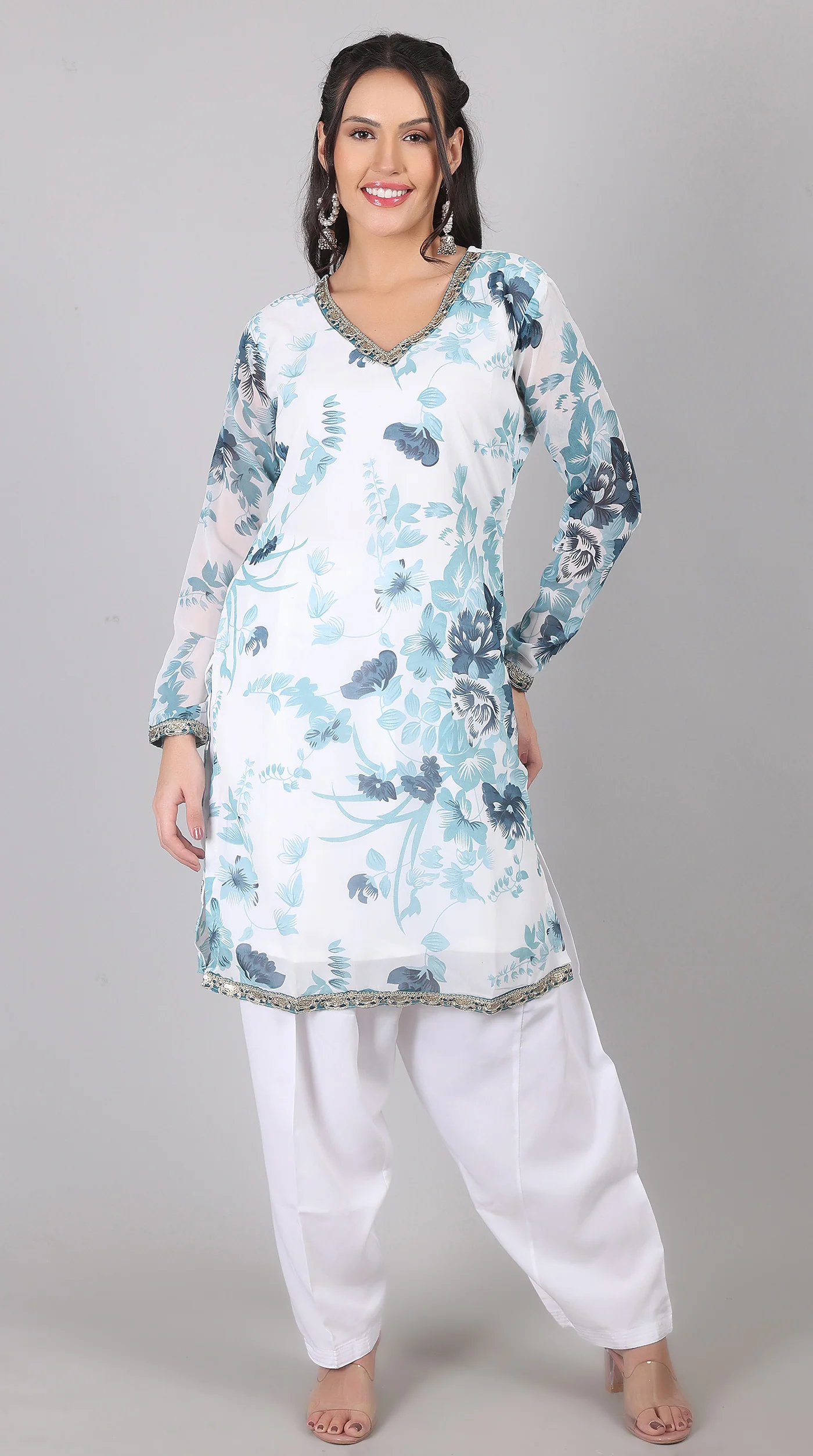 White & blue Georgette Embroidered Suit Set - Image 3