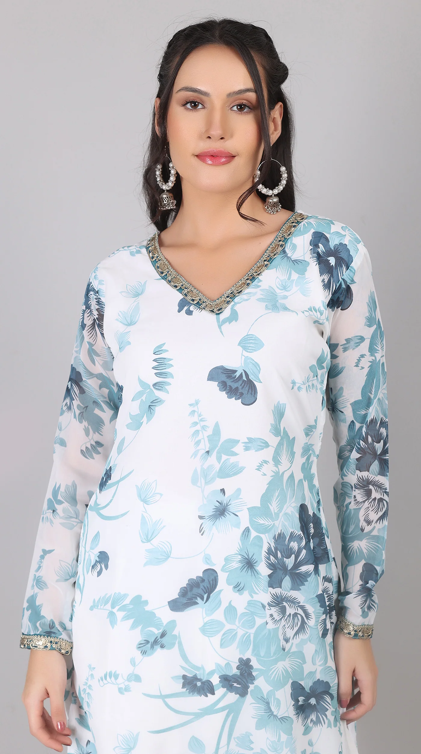 White & blue Georgette Embroidered Suit Set - Image 4