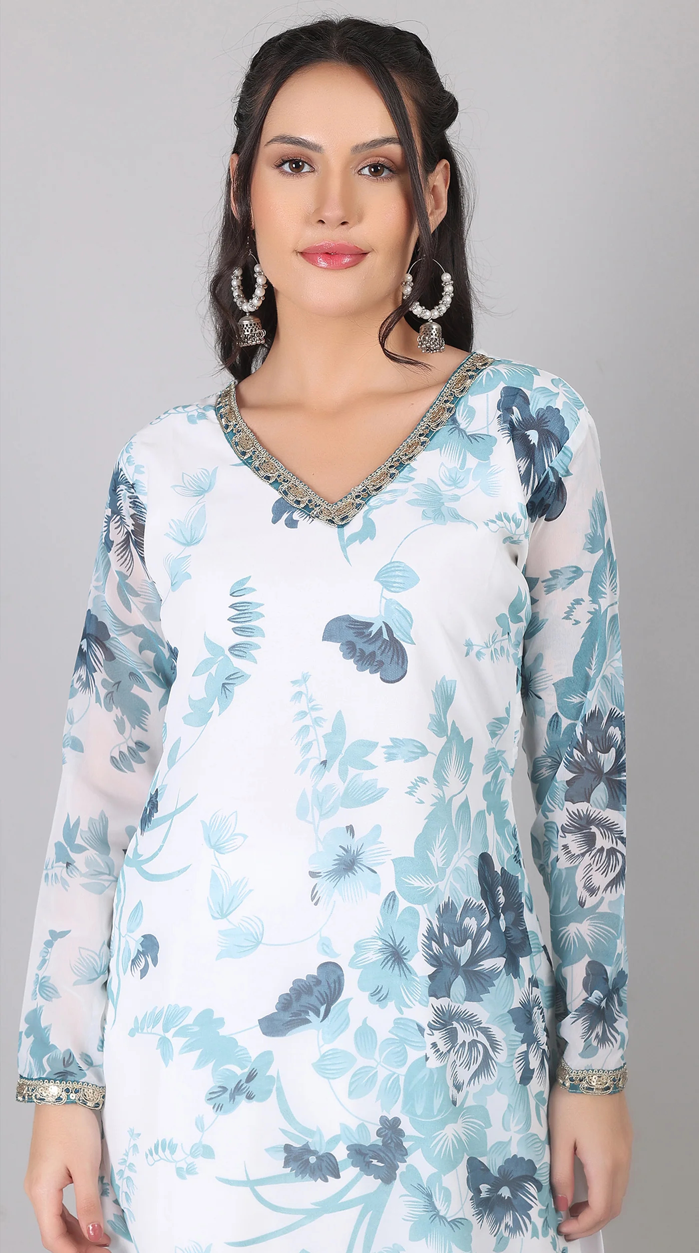 White & blue Georgette Embroidered Suit Set - Image 5