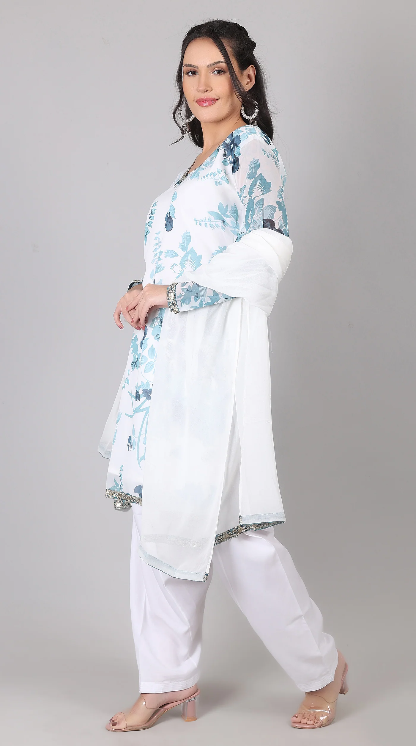 White & blue Georgette Embroidered Suit Set - Image 6