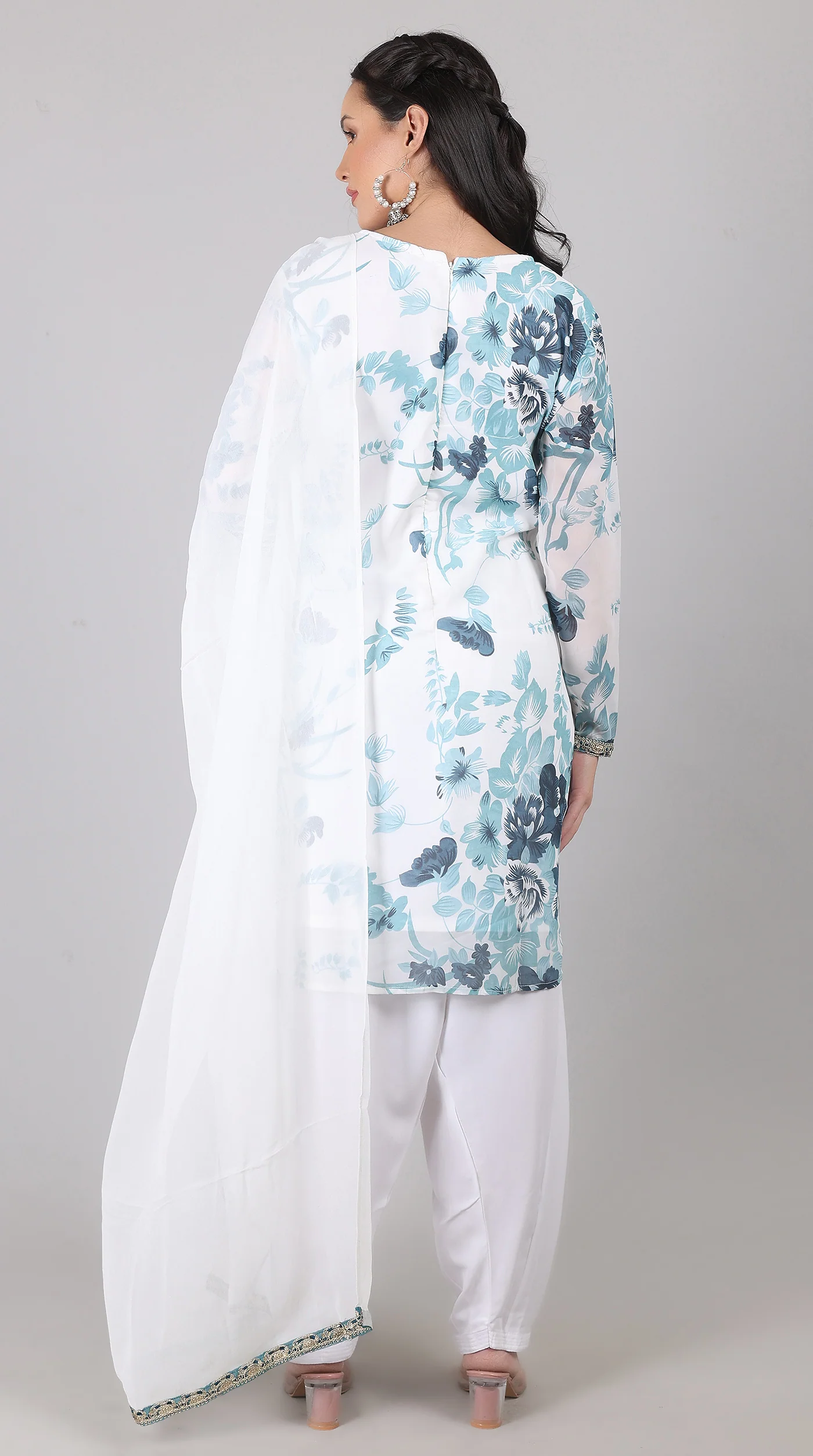 White & blue Georgette Embroidered Suit Set - Image 7