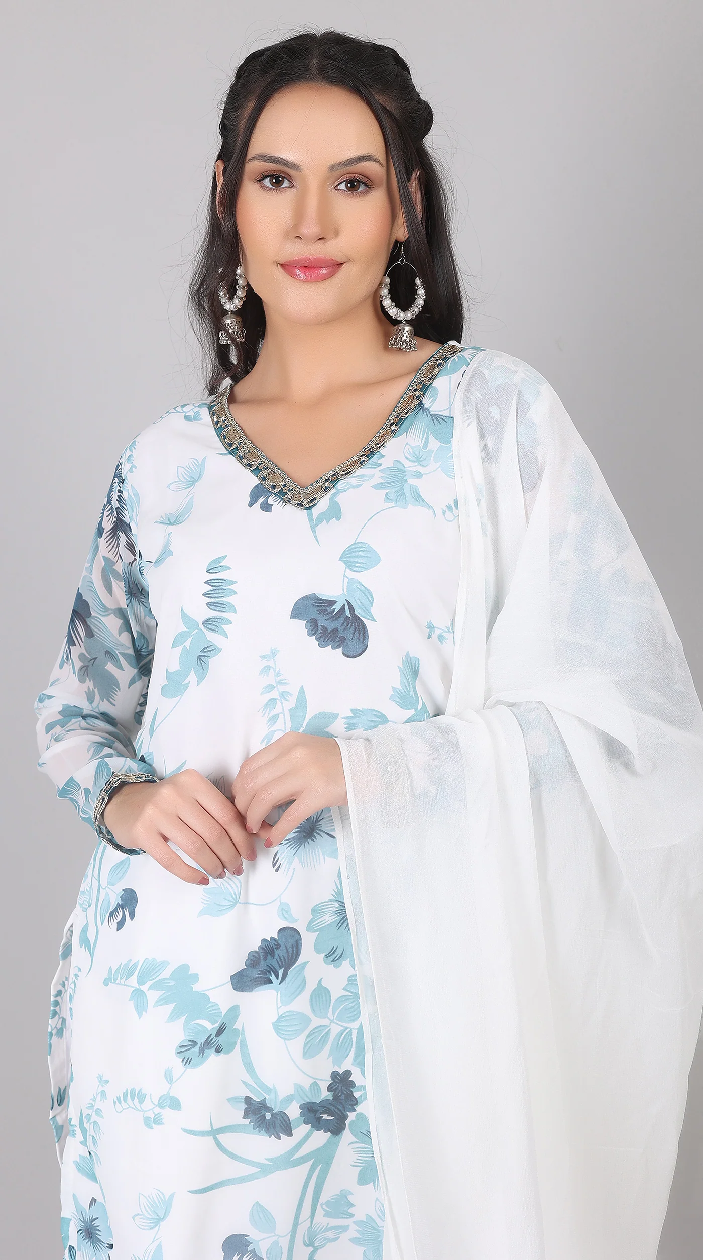 White & blue Georgette Embroidered Suit Set - Image 8
