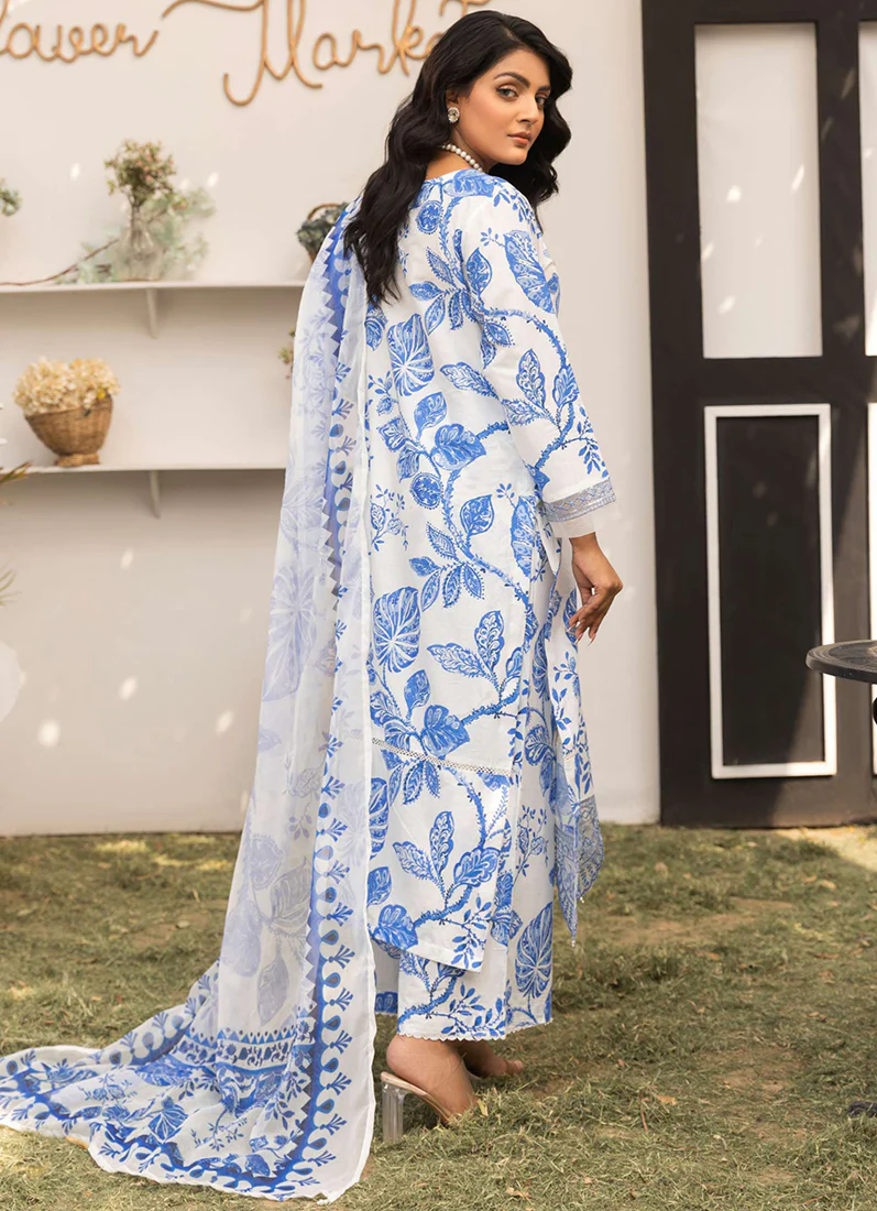 White-Blue Printed Lawn Embroidered Suit Set - Image 3