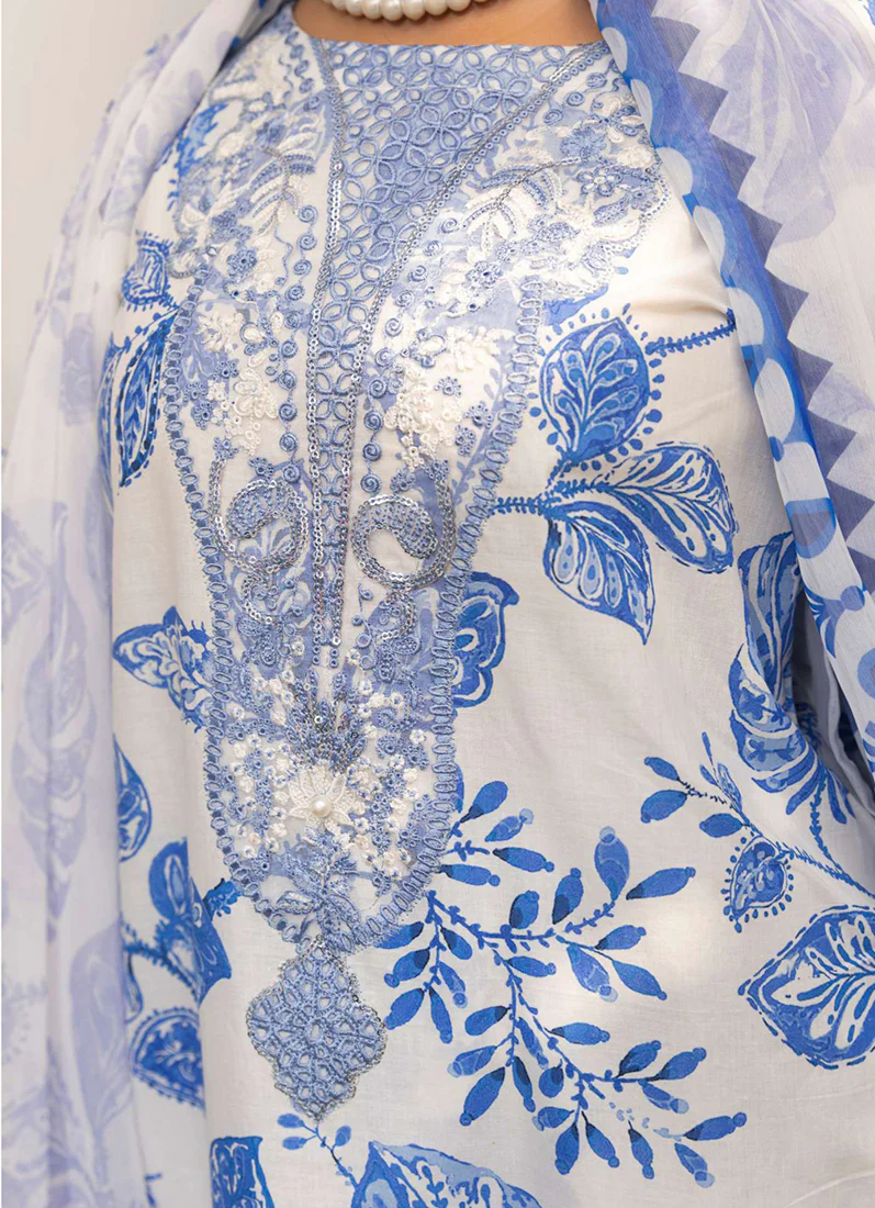 White-Blue Printed Lawn Embroidered Suit Set - Image 4