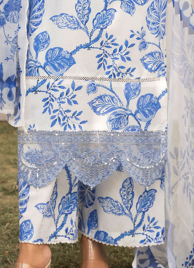 White-Blue Printed Lawn Embroidered Suit Set - Image 5