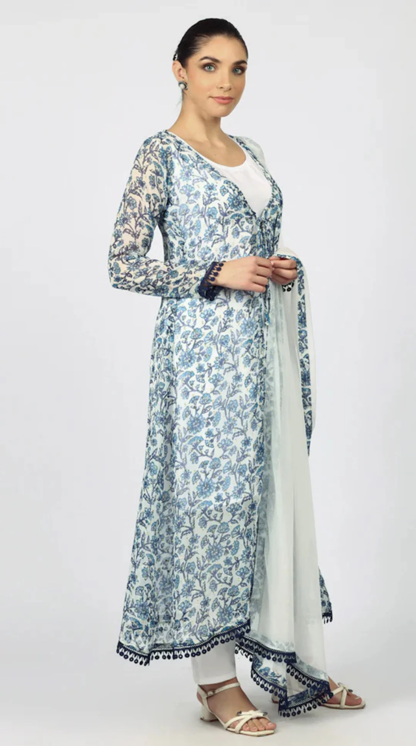 White Chiffion Printed Jacket Style Suit Set - Image 3