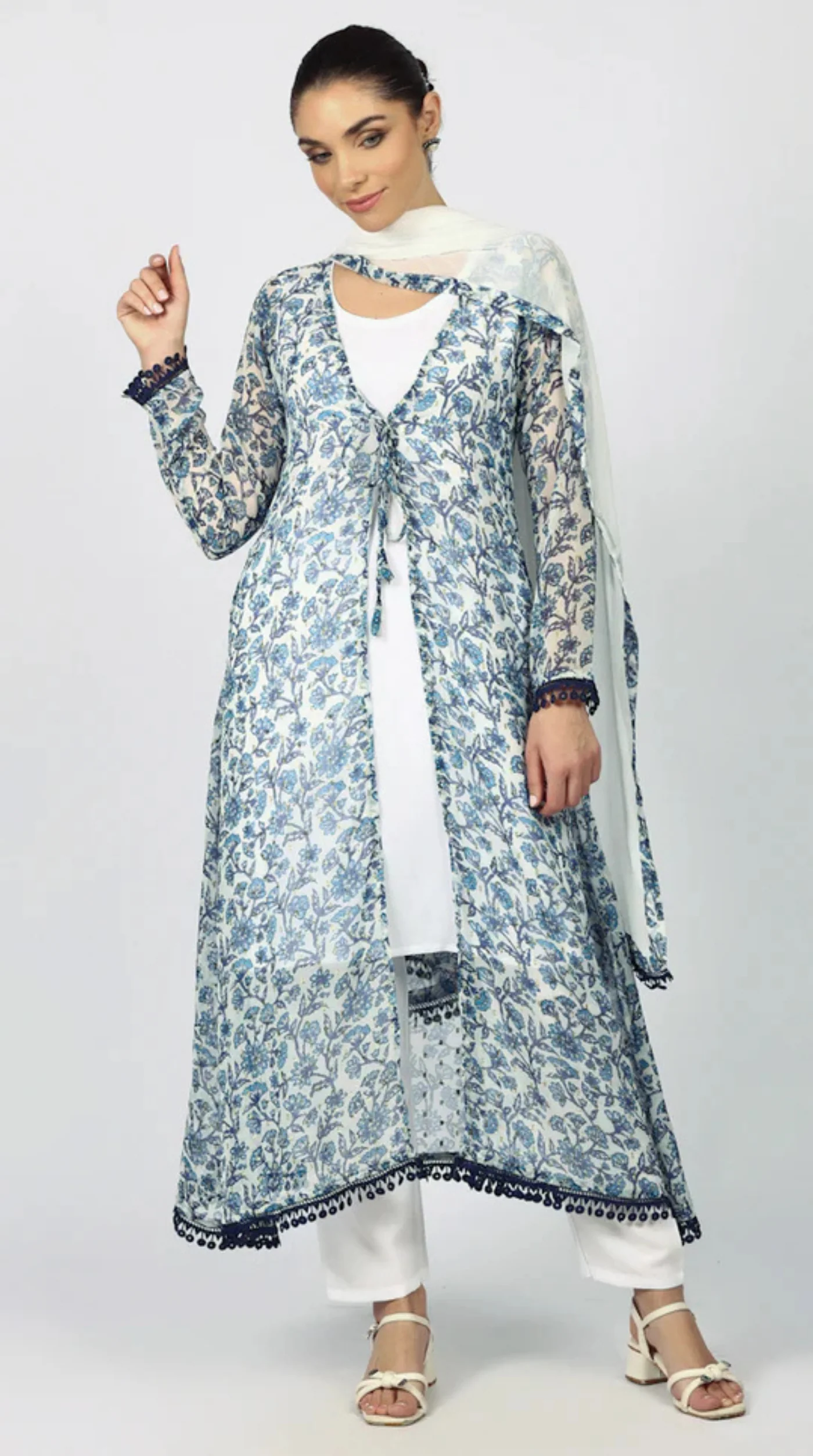 White Chiffion Printed Jacket Style Suit Set - Image 4