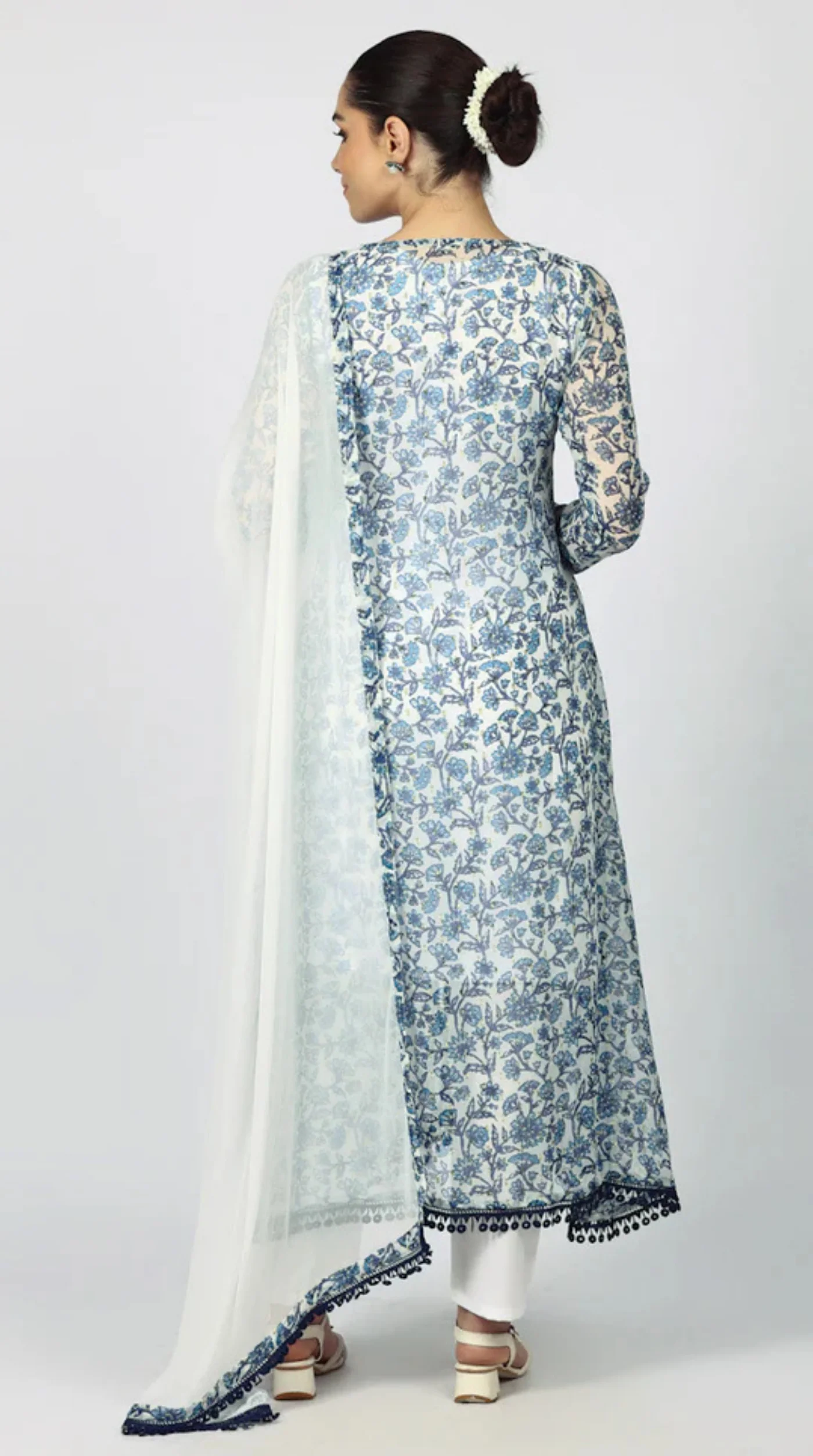 White Chiffion Printed Jacket Style Suit Set - Image 6