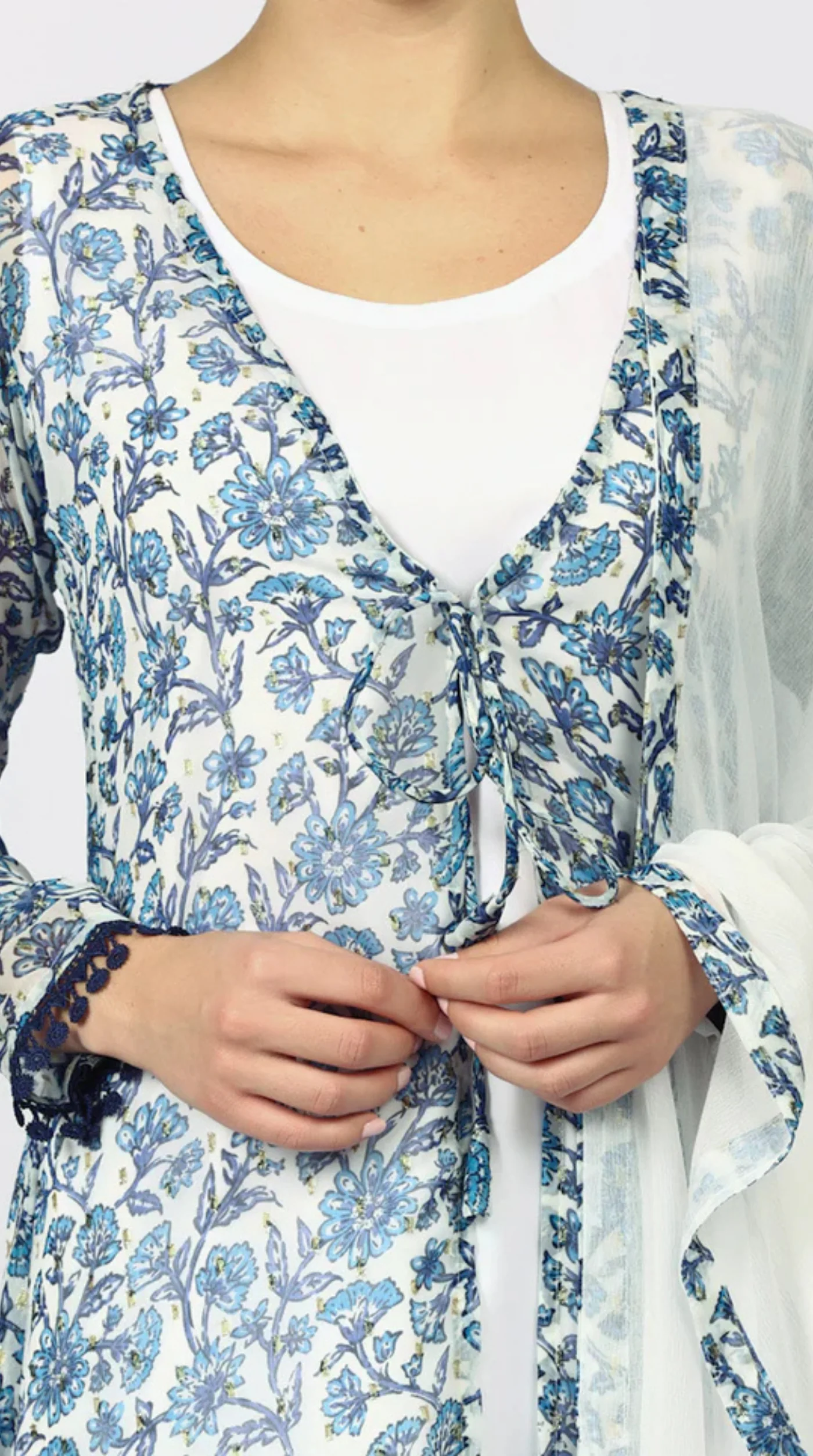 White Chiffion Printed Jacket Style Suit Set - Image 9