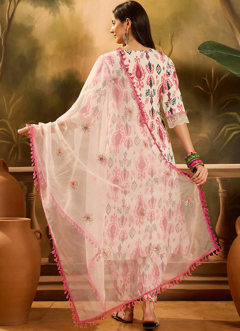 White Cotton A-Line Printed Suit Set - Image 2