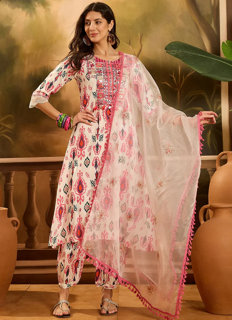 White Cotton A-Line Printed Suit Set - Image 3