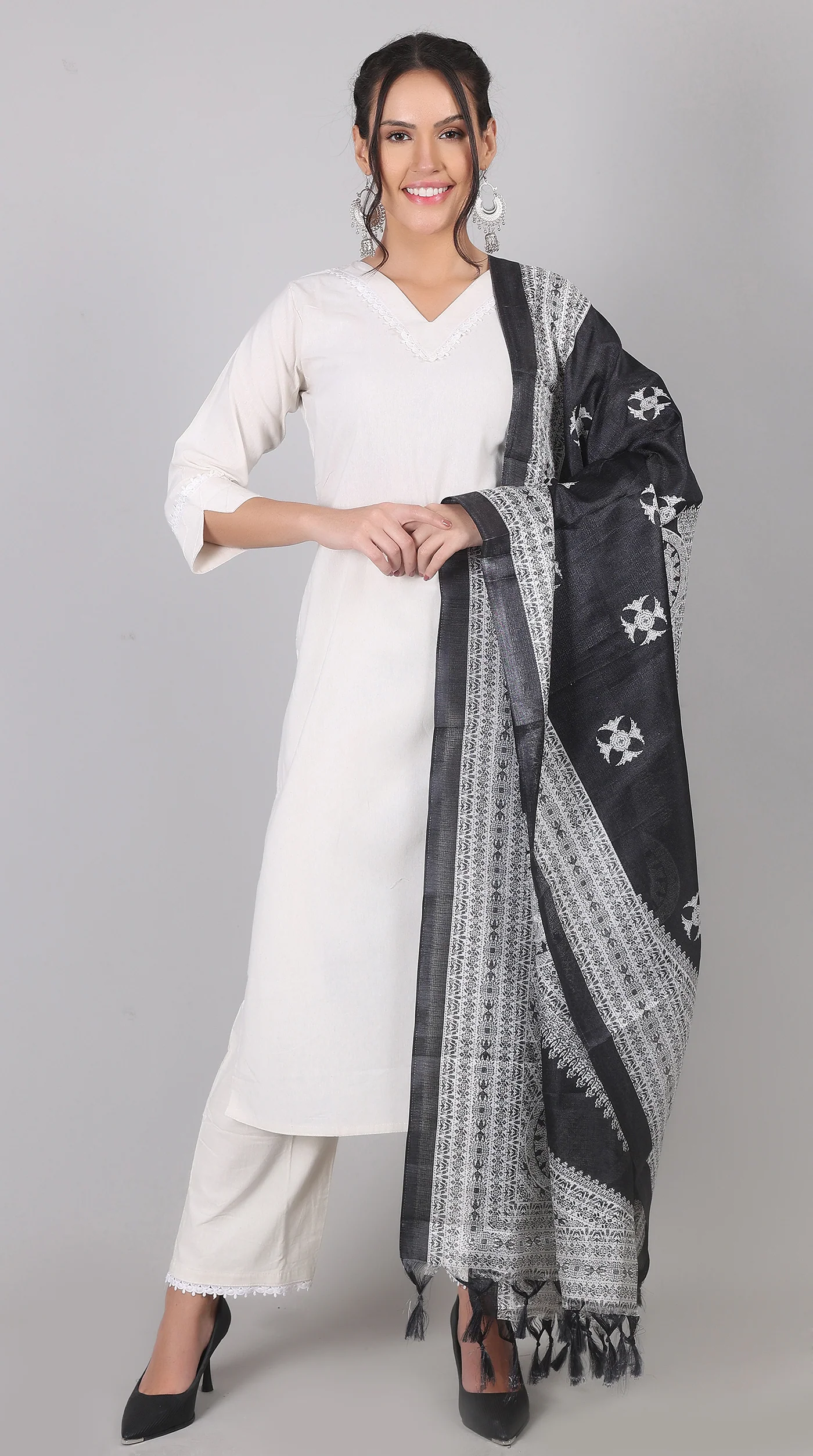 White Cotton Kurta Palazzo Set with Black Chanderi Dupatta - Image 2