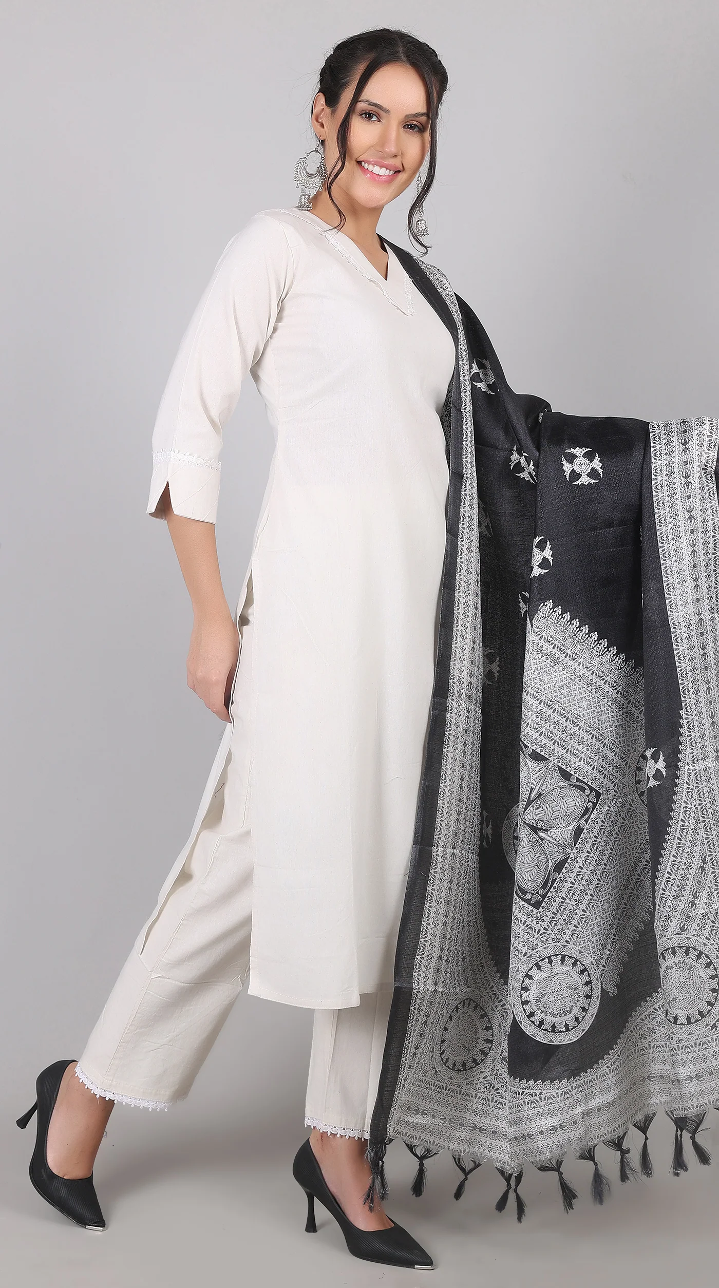 White Cotton Kurta Palazzo Set with Black Chanderi Dupatta - Image 3
