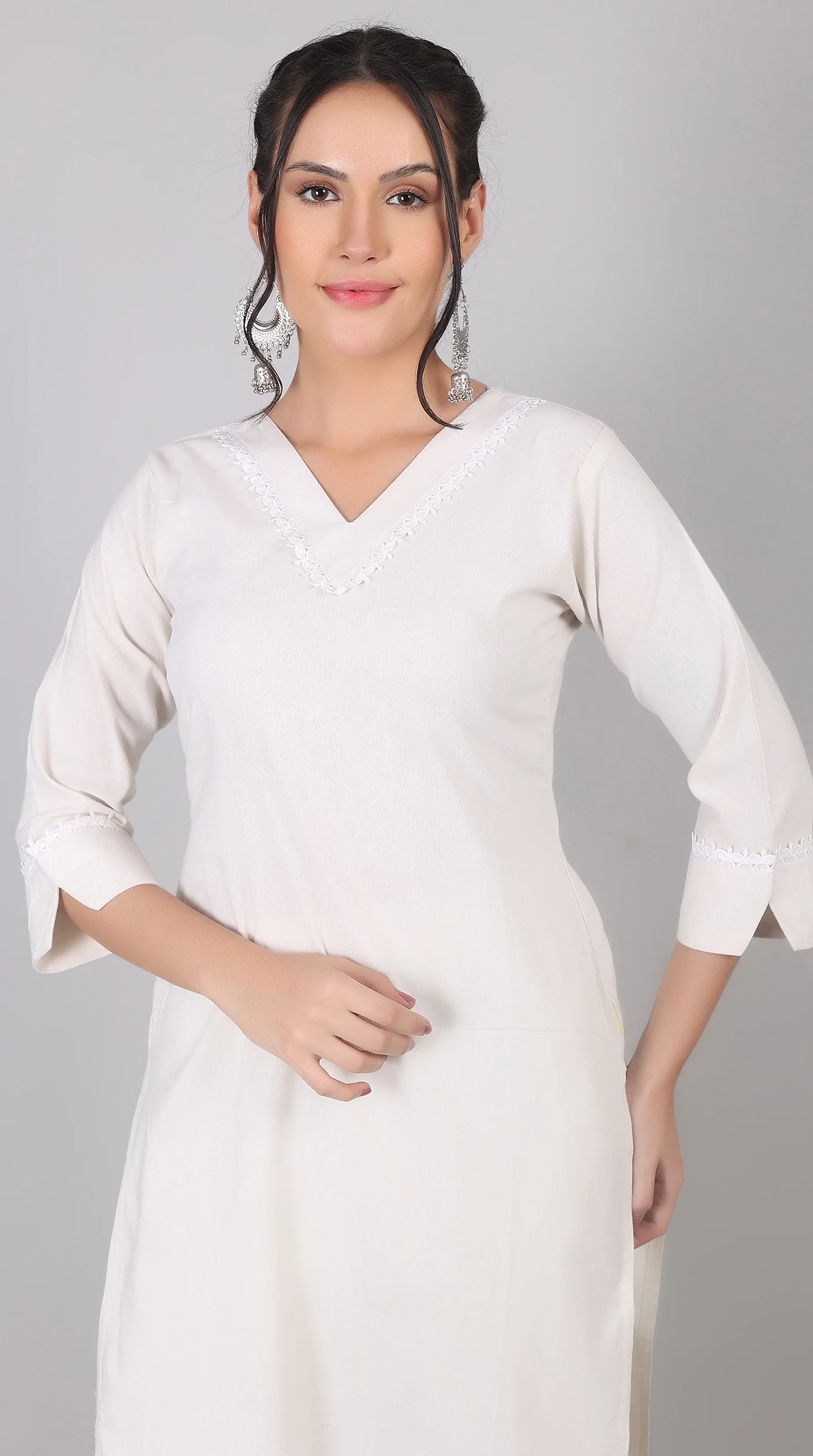 White Cotton Kurta Palazzo Set with Black Chanderi Dupatta - Image 4