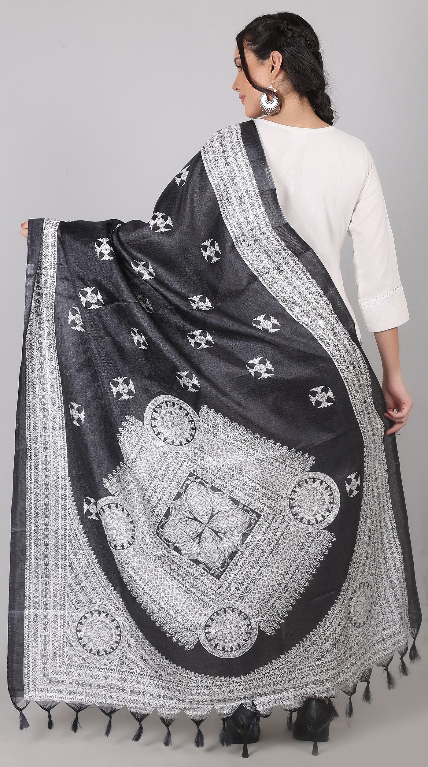 White Cotton Kurta Palazzo Set with Black Chanderi Dupatta - Image 6