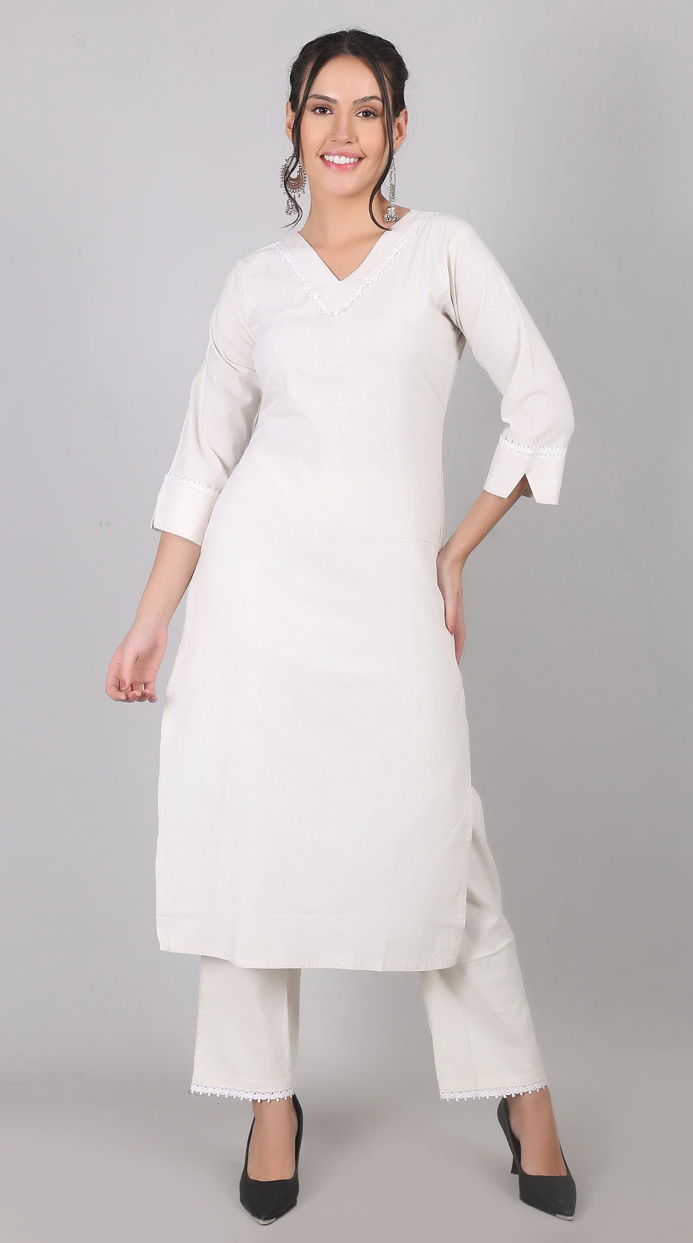 White Cotton Kurta Palazzo Set with Black Chanderi Dupatta - Image 7