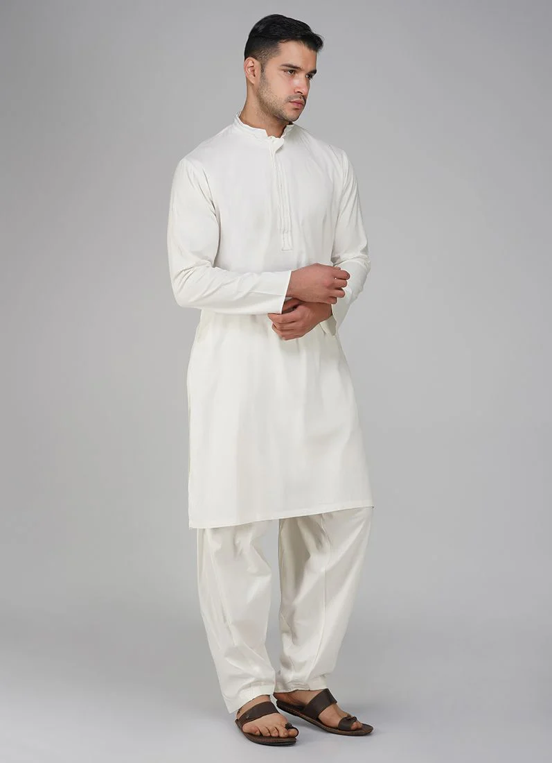 Off White Cotton Kurta Set - Image 2
