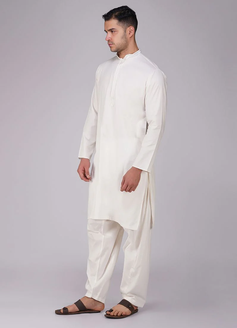 Off White Cotton Kurta Set - Image 3