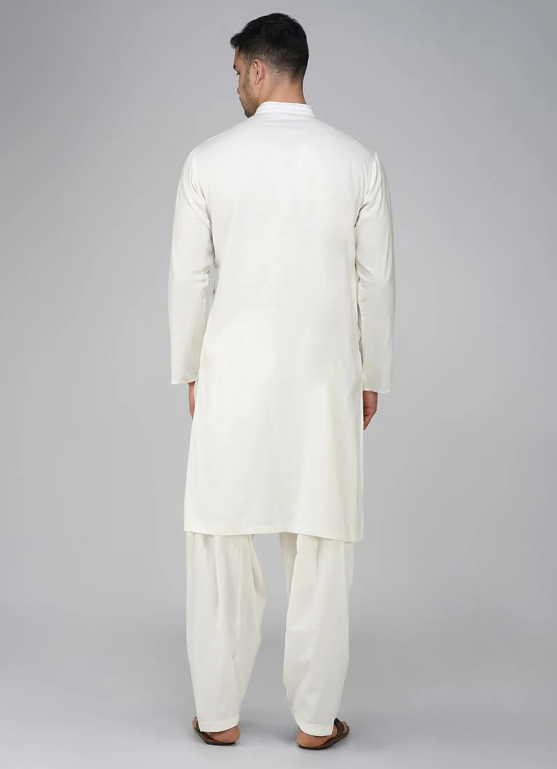 Off White Cotton Kurta Set - Image 4