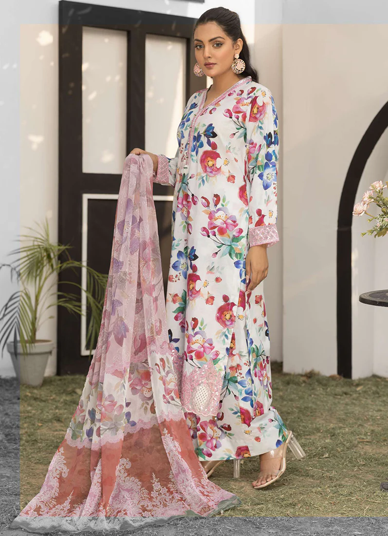 White Digital Printed Lawn Suit Set - Image 2