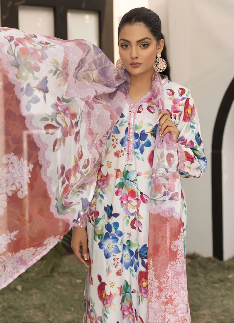White Digital Printed Lawn Suit Set - Image 3