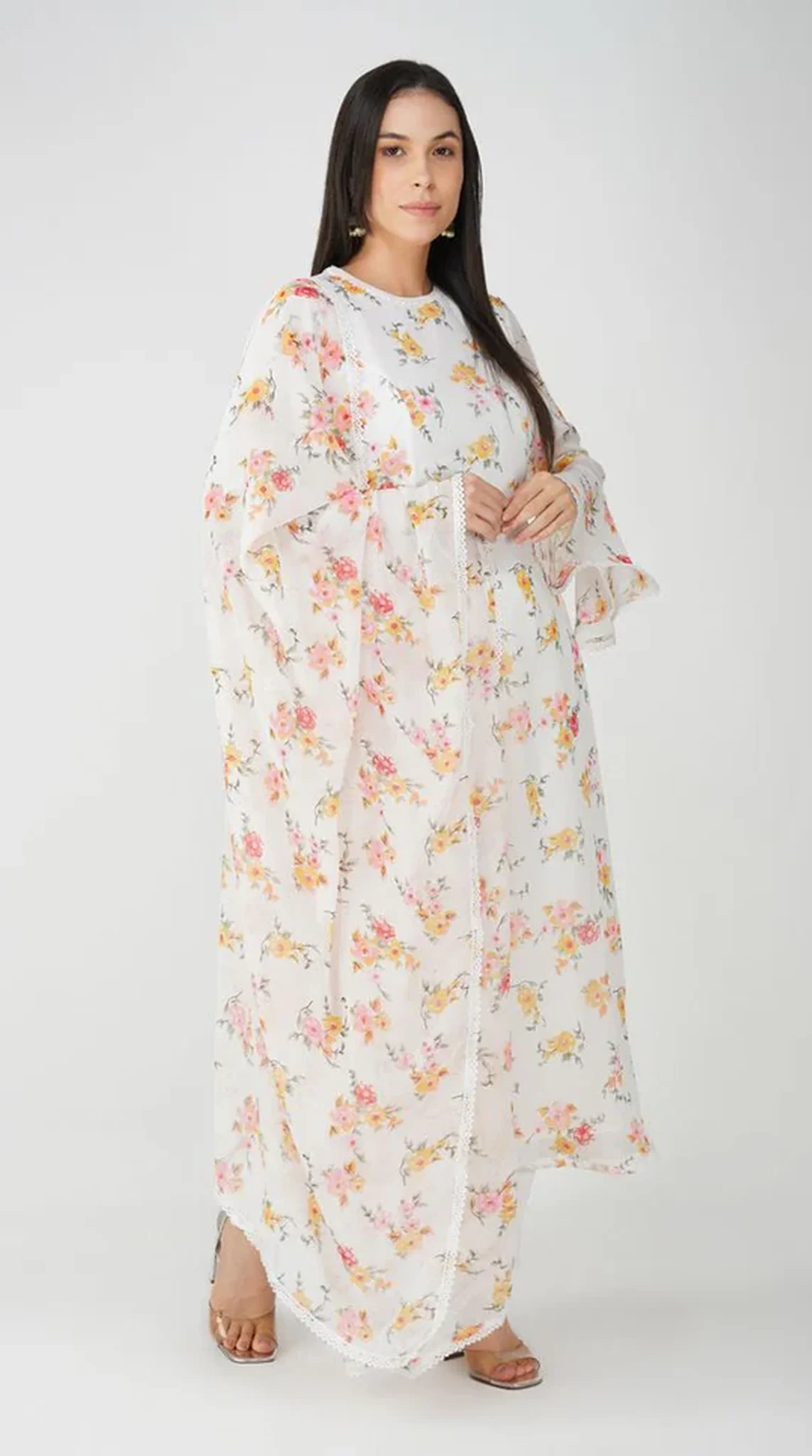 White Floral Printed Bias Cut Suit Set - Image 3